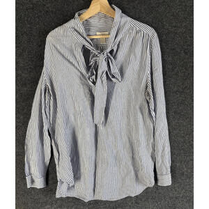 Loft Blouse Women L Large Gray Striped Long Sleeve Tie Up Tasseled Casual